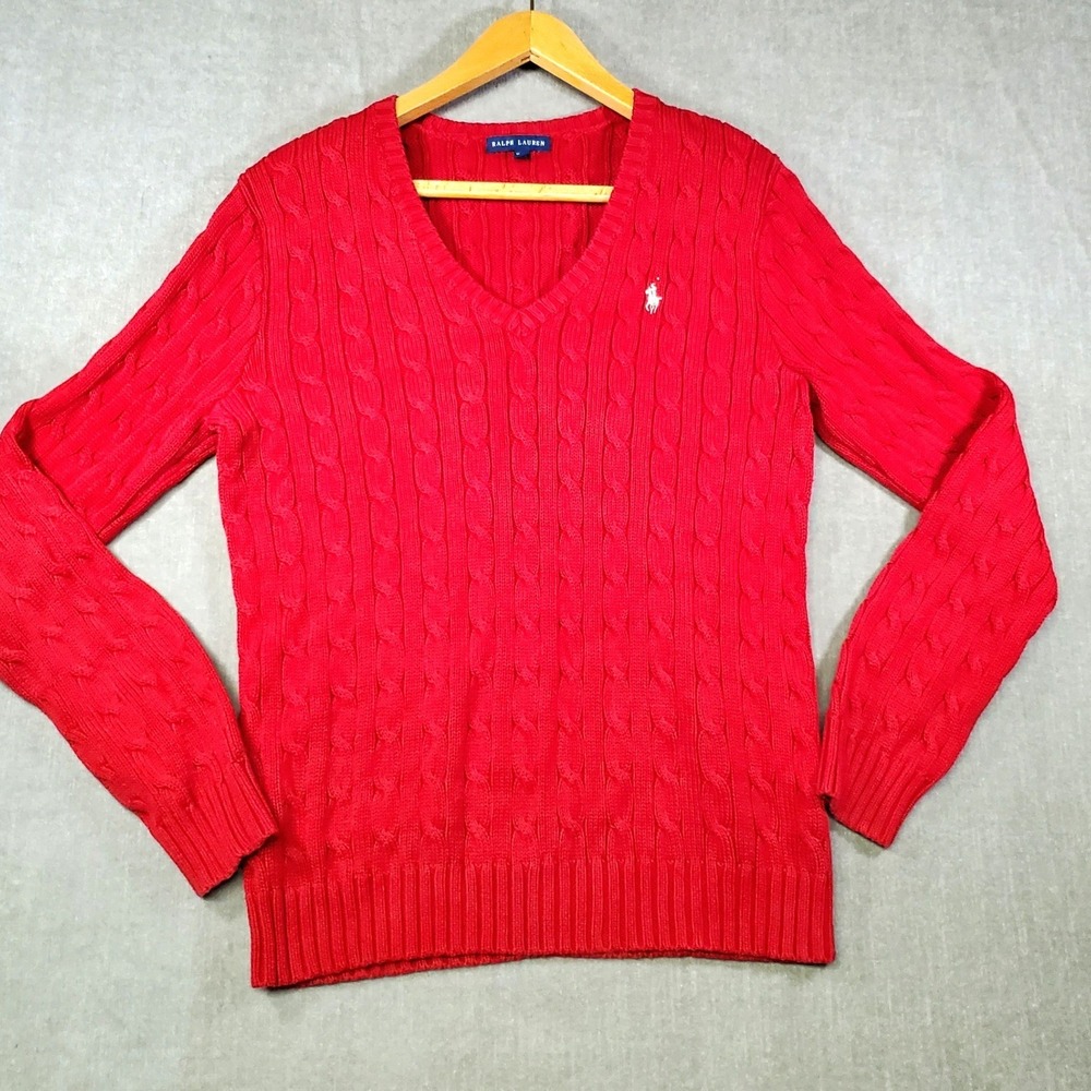 Ralph Lauren Cable Knit Sweater Womens XL Red V-Neck Cotton Gold Pony Logo